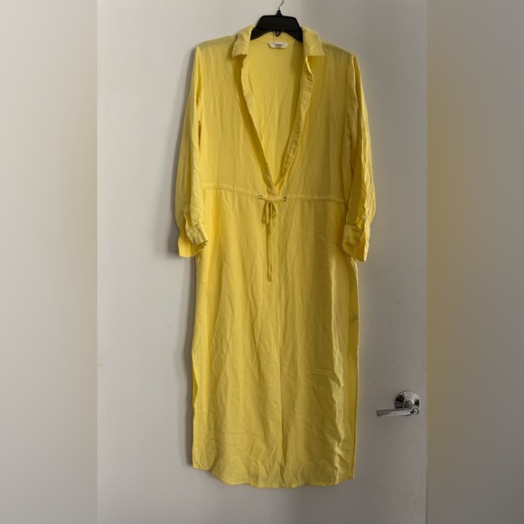 Sita Murt Yellow Linen Blend Button Front Drawstring Waist Midi Shirt Dress 36/4 - Picture 2 of 6